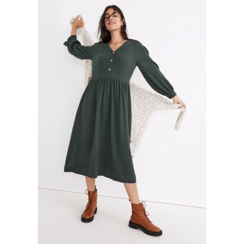 Madewell Dark Green Long Sleeve Midi Dress
